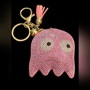 Pink Rhinestone Pac Man Ghost Keychain